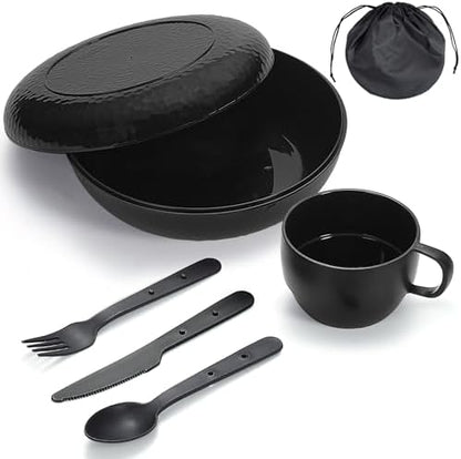 Berglander Camping Mess Kit with Bowl, Plate, Cup, Spoon, Fork, Knife and Carry Bag, Plastic Camping Accessories Essentials Gear for Travel, Camping, Picnic, Outdoor, Easy to Carry & Store