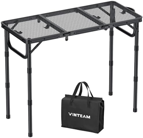 VINTEAM Folding Grill Table with Mesh Top, 3 Adjustable Heights, Lightweight Portable Camping Table, Black Aluminum Alloy BBQ Picnic Table for Outdoor Cooking, Tailgating, Beach, RV & Backyard