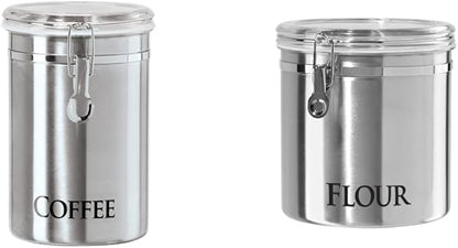 OGGI Stainless Steel Canister 62oz - Airtight Clamp Lid, Clear See-Thru Top. Large Size 5" x 7.5" & Jumbo 8" Stainless Steel Flour Clamp Canister - Airtight Food Storage Container Ideal, Dry Foods