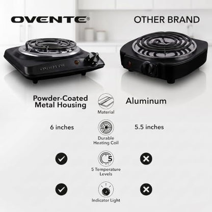 OVENTE Electric Hot Plate, 1000W Single Burner, 6-Inch Coil, Black BGC101B