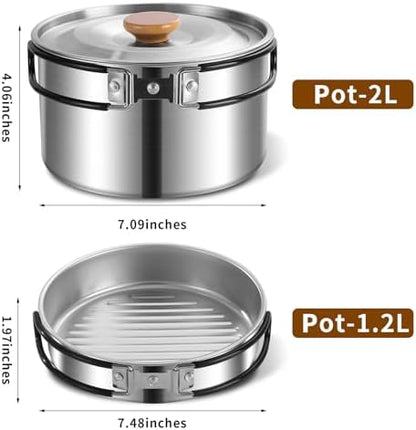 11Pcs Camping Cookware Set，Portable Camping Essentials with Accessories，Stainless Steel Lightweight Nonstick Pots、Pans、Bowls and Utensils for Backpacking RV Tailgating Cooking and Outdoor Cooking