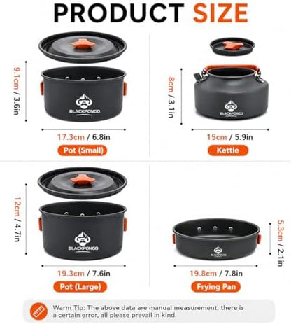 Camping Cookware Set, 15-Piece Camping Pots and Pans Set with Kettle, Frying Pan, Bowls & Plates, Lightweight Backpacking Mess Kit for Camping, Hiking, Picnic, RV Travel