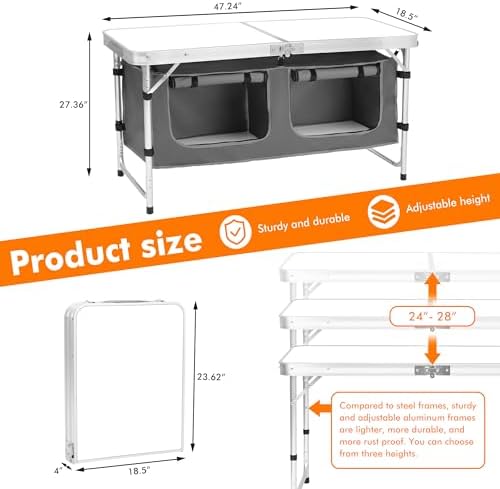 Camp Field Camping Folding Aluminum Table with Adjustable Legs for Outdoor Travel Beach, Backyards, BBQ, Party and Picnic Foldable Table