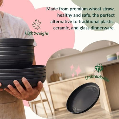Homienly Wheat Straw Dinnerware Sets, Homienly 20pcs Unbreakable Microwave Dishwasher Safe Tableware Lightweight Bowls, Cups, Plates Set Reusable Dinner Plates Bowls set (Matte Black)