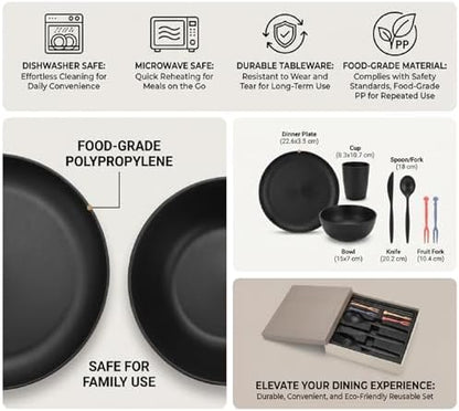 4 Person Dinnerware Set with Cutlery Reusable Plates Bowls for Camping Travel Picnic Dishwasher Microwave Safe Outdoor Tableware Service 4