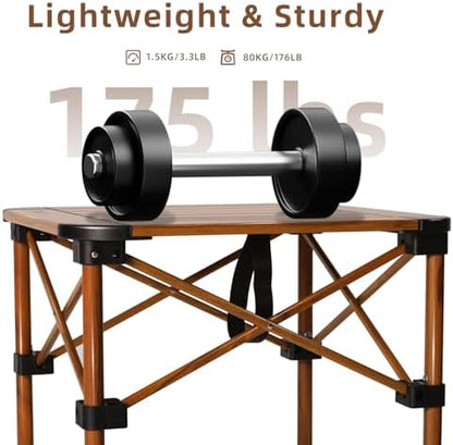 Folding Camping Table, Portable Lightweight Aluminum Camp Table Roll Up Top with Storage Net for Outdoor, Camping, Picnic, Backyards, BBQ(Woodgrain, 15.8 x 15.8 x 15.8in)