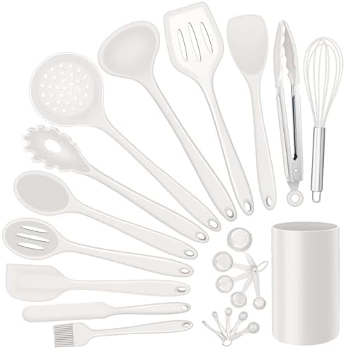 Silicone Kitchen Utensils Set, E-far 23 Pcs White Cooking Utensils Tools with Holder for Nonstick Cookware, Include Spatula/Spoon/Ladle/Tongs/Turner, Heat Resistant & Nontoxic, Dishwasher Safe