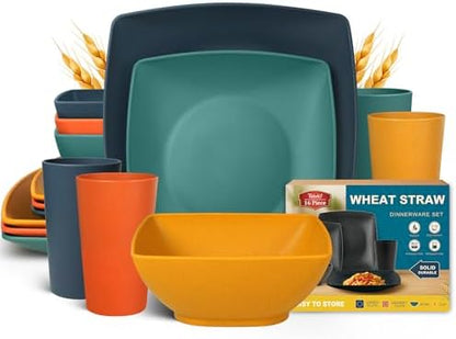 Teivio 16-piece Plastic Wheat Straw Square Dinnerware Set for 4, Unbreakable Dinner Plates, Salad Plates, Snack Bowls, Tumblers 13.5 oz, Dishwasher Safe, Autumn Multicolor