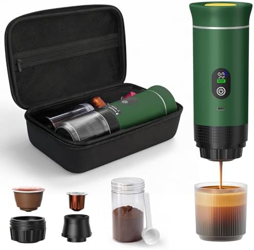 Portable Coffee Maker for Travel & Camping, Portable Espresso Maker with Bag, Rechargeable Cordless Battery Operated Coffee Makers for Ground Coffee, NS Capsule RV, Hiking, Office(Green)