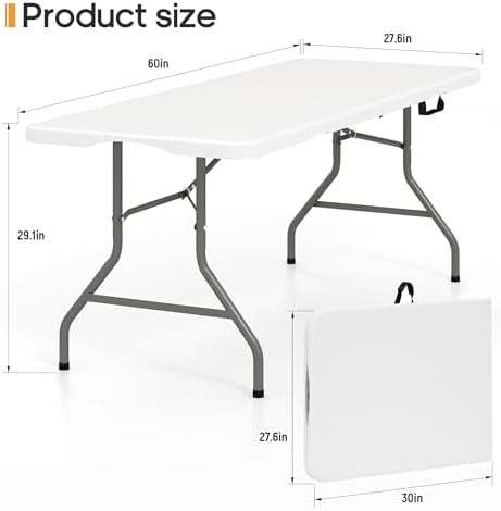 SKONYON 5ft Folding Table Heavy Duty 350 LBS Foldable Table with 18% Thicker HDPE Top Reinforced Steel Frame Portable Fold-in-Half Table Under 18 lbs for Outdoor Indoor Party Wedding Camping White
