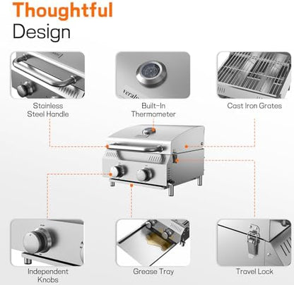 Veralune 2-Burner Tabletop Gas Grill, 22000 BTU Stainless Steel Grill