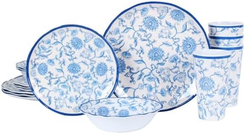 Melamine Dinnerware Set for 4-16 Pcs:Camping Dishes Set with Dinner Plates,Salad Plates,Cups and Bowls.Lightweight and Unbreakable.Indoor and Outdoor Use.