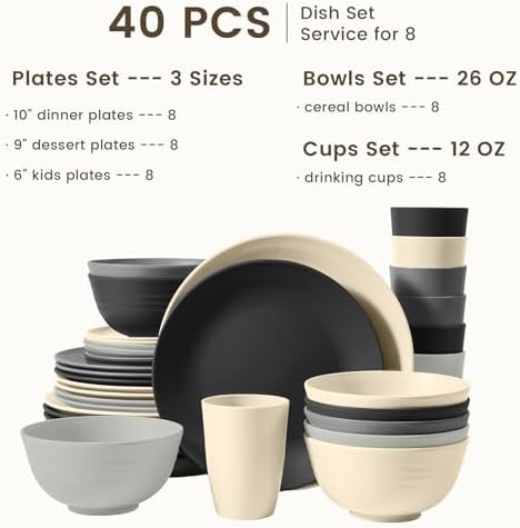 Homienly Kitchen Wheat Straw Dinnerware Set 40 PCS - Dinner Plates, Cereal Bowls, Wheat Straw Cups Set, Microwave and Dishwasher Safe Dishes Set, Unbreakable Dish Set for Party, Outdoor(Grey Stone)