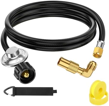 5 Feet Propane Regulator and Hose with Elbow Adapter for Blackstone 17 inch and 22 inch Table Top Griddle, QCC1 to 3/8 Female Flare Nut Hose and Regulator for Most LP Gas Grill Heater and Fire Pit