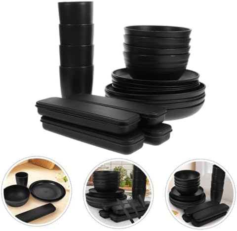 Black Bowl Plate Dinnerware Set 4 Sets Xmas Portable Reusable PP Picnic