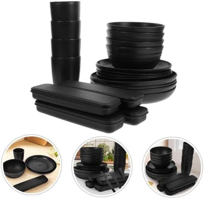 Black Bowl Plate Dinnerware Set 4 Sets Xmas Portable Reusable PP Picnic
