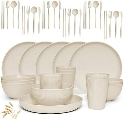 Wheat Straw Dinnerware Sets -DAPIPIK 42 Piece Unbreakable Dinnerware Sets for 6, Kitchen Plates and Bowls Set, Lightweight Camping Plates Cups and Bowls Set.Dishwasher Microwave Safe Dinnerware