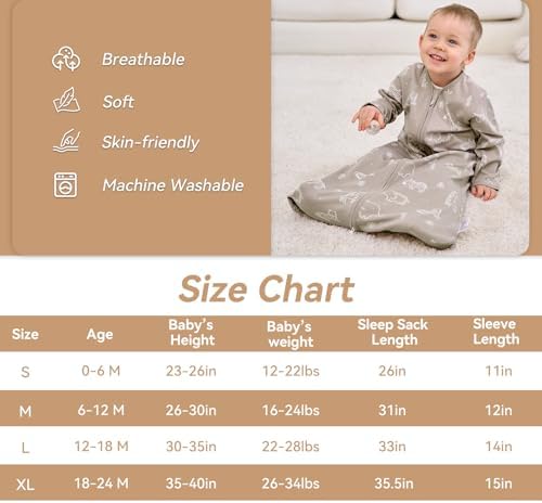 Baby Sleep Sack 12-18 Months, Long Sleeve Baby Wearable Blanket 0.5 Tog with Mittens, 2-Way Zipper Toddler Cotton Sleeping Sack for Boy and Girl Grey Elephant 2 Pack(Large)