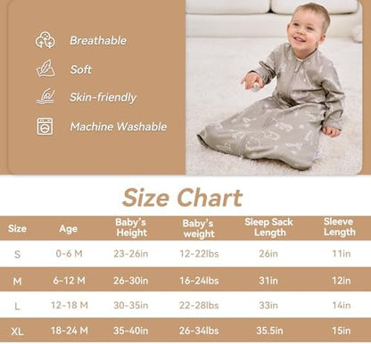 Baby Sleep Sack 12-18 Months, Long Sleeve Baby Wearable Blanket 0.5 Tog with Mittens, 2-Way Zipper Toddler Cotton Sleeping Sack for Boy and Girl Grey Elephant 2 Pack(Large)