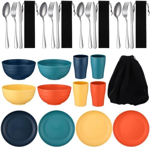 Teenyyou 4 Sets Camping Mess Kits for 4 Person Camping Silverware Set Include Cup, Bowl, Plate, Knife, Spoon, Fork Cutlery Set Unbreakable Wheat Straw Dinnerware Utensils for Travel