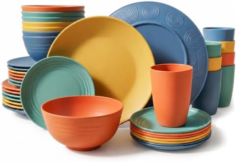 40-Piece Unbreakable Plastic Wheat Straw Dinnerware Set - Multi Color, 8-Person Dish Set for Dinner, Plates, Bowls, Cups & Appetizer Plates - Perfect for Outdoor Camping