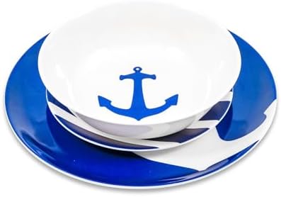 Camco 12 Piece Melamine Dishware Set - Features Blue and White Nautical Design - Includes 4 Bowls, 4 Salad Plates, & $ Dinner Plates - Dishwasher Safe Dish Set (41951)