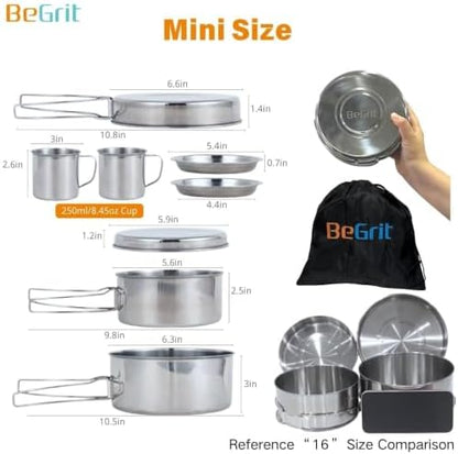 BeGrit Stainless Steel Camping Cookware Pot and Pan Set for Backpacking
