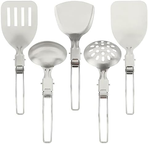 Camping Kitchen Utensil Set, 5Pcs Portable Foldable Stainless Steel Outdoor Cooking Utensil, Practical Folding Soup Ladles Strainer Spatula Kitchen Gear for Outdoor Camping