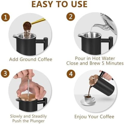 Black Mini French Press Coffee Maker 12oz, Single Cup French Press with Rose Gold Lid, 3 Extra Filters & 1 Gold Spoon(350ml Compact Travel Size) Dishwasher Safe