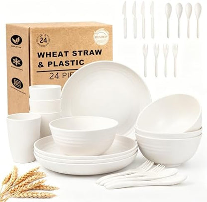 Kids Dishes Set for 4, Wheat Straw Plate and Bowl Set for 4 - White
