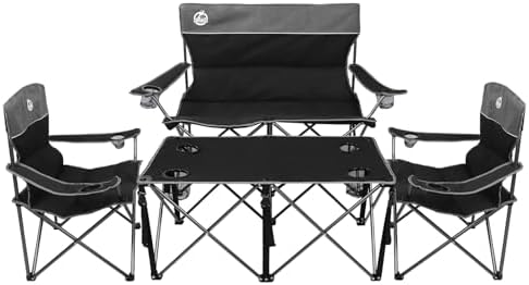 Northroad Folding Camping Chair Set of 4, Portable Collapsible Conversation Set w/1 Sofa, 2 Single Chairs, 1 Table for Family Patio, Outdoor Travel,Beach(Black)