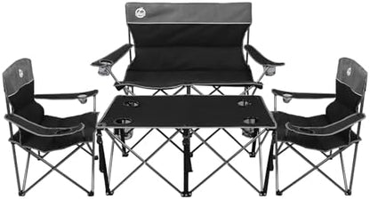 Northroad Folding Camping Chair Set of 4, Portable Collapsible Conversation Set w/1 Sofa, 2 Single Chairs, 1 Table for Family Patio, Outdoor Travel,Beach(Black)