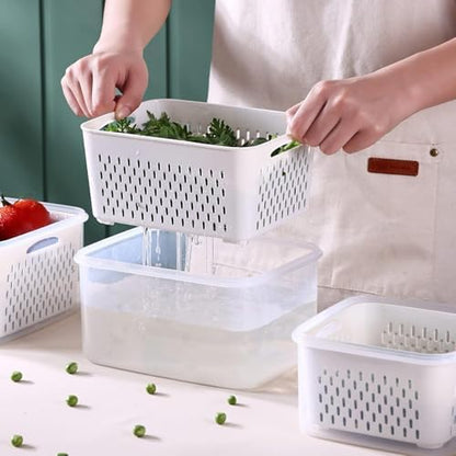 Large Fridge Food Storage Container Set with Lids with Strainer, Fruit Vegetable Storage Containers Keep Fruits, Vegetables, Berry, Meat Fresh longer, BPA-Free Plastic Produce Keepers