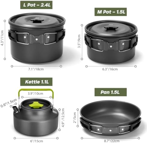 Odoland 29pcs Camping Cookware Mess Kit, Non-Stick Lightweight Pots Pan Kettle, Collapsible Water Container and Bucket, Stainless Steel Cups Plates Forks Knives Spoons for Outdoor Backpacking Picnic