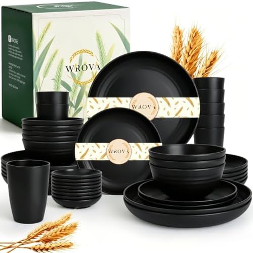 Wrova Wheat Straw Dinnerware Sets 40PCS, Black Plates and Bowls Sets for 8