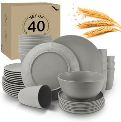 Wrova 40Pack plates and bowls sets for kitchen - Unbreakable wheat straw dinnerware sets service for 8 - Alternative plastic 40pcs dish sets for picnic,camping and R.V. - (Grey)