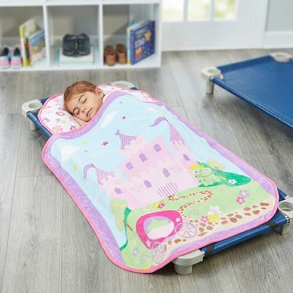EVERYDAY KIDS Cute Preschooler and Toddler Cot Nap Mat for Home, Daycare, Preschool and Kindergarten; Easy to Roll Sleeping Mat with Elastic Straps, Pillow and Blanket
