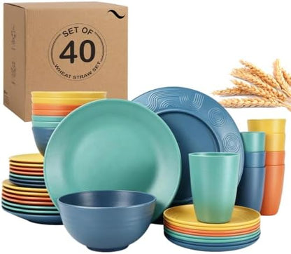 PYRMONT 40 Pcs Wheat Straw Plates and Bowls Set Colorful Dinnerware Set