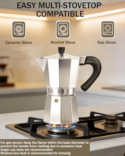 Coffee Maker Stovetop Espresso Maker 9 Cup Aluminum Moka Pot Percolator 15oz 450ml Easy Brewing for Electric Ceramic Stoves Home Camping Italian Cuban Café Classic Silver
