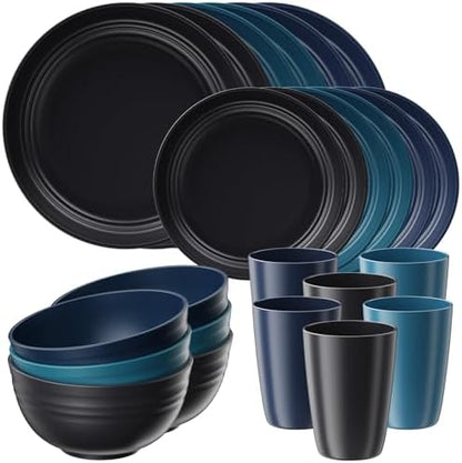 Quatish 24 Pcs Plates and Bowls Sets, Plastic Dinnerware Sets for 6, Blue