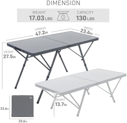 EVER ADVANCED Large Camping Table for 4-6 Person, Portable Folding Aluminum Table with Carrying Handle, Suitable for BBQ, Picnic, Camping and Indoor Use, Support up to 130LBS, Gray
