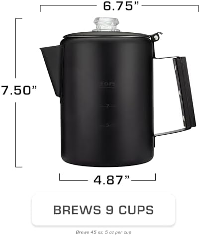 COLETTI Bozeman & Scouts Coffee Serving Sets — Percolator Coffee Pot Camping Coffee Maker & Double Walled Stainless Steel Cups — NO Aluminum or Plastic [9 Cup Percolator, 10 oz Cups] (Black)