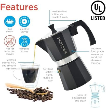 GROSCHE Milano Stovetop Espresso Maker Moka Pot 9 espresso Cup 15.2oz Black