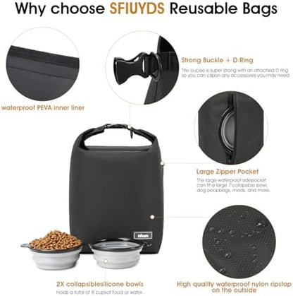 Pet Food Storage Bag Dog Food Travel Bag with 2PCS Collapsible Dog Travel Bowls Waterproof Kibble Storage Container for Road Trips Camping (Black, Small)