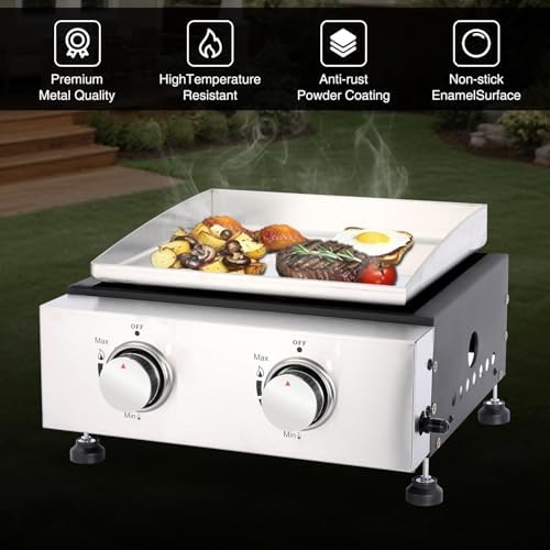 Small Portable Grill, 14 Inch Tabletop Gas Grill, 2 Burner Flat Top BBQ Propane Griddle with Legs, Cover - 20,000 BTUs Output for Outdoor Patio Backyard Camping, Tailgating, and RV Trips