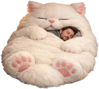 Giant Fluffy Cat Sleeping Bag for Adults - Soft Plush Cat Shaped Sleeping Bag for Human, Cozy & Warm Envelope Style Blanket Animal Shaped Sleep Bags for Home Camping Travel