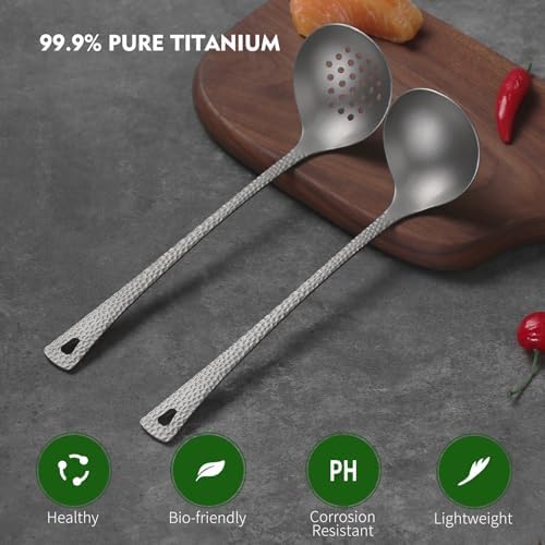 ZING TTI Titanium Ladle Set, Reusable Metal Hot Pot Ladle with Slotted Spoon, Fish Scale Texture Design for Stirring & Serving Soup, 2-Piece Kitchen Utensils (10.4 Inch)