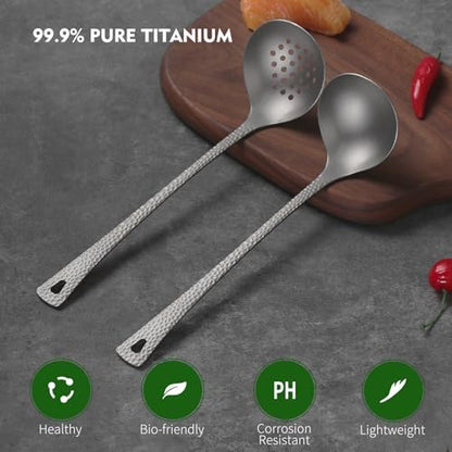 ZING TTI Titanium Ladle Set, Reusable Metal Hot Pot Ladle with Slotted Spoon, Fish Scale Texture Design for Stirring & Serving Soup, 2-Piece Kitchen Utensils (10.4 Inch)
