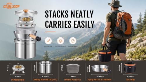 Camping Cookware Set with Stove, Stainless Steel Outdoor Cooking Kit with Pot, Strainer Pot, Frying Pan, Adapter and Storage Bag, Portable Camping Pots and Pans Set for Camping, Hiking, Backpacking