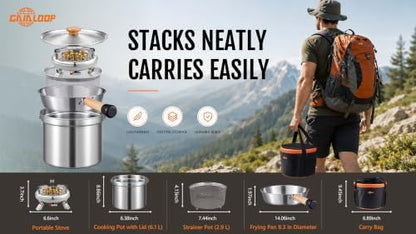 Camping Cookware Set with Stove, Stainless Steel Outdoor Cooking Kit with Pot, Strainer Pot, Frying Pan, Adapter and Storage Bag, Portable Camping Pots and Pans Set for Camping, Hiking, Backpacking